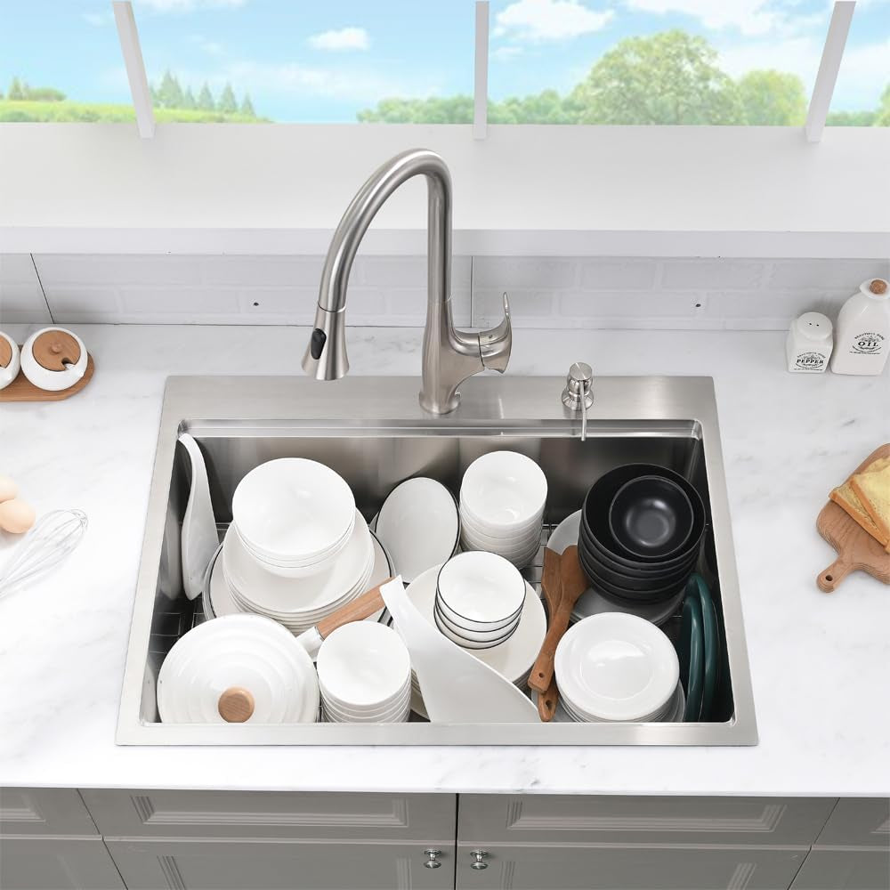 Fregadero de cocina de 83 cm de profundidad, de un solo seno y 33 x 56 cm, de acero inoxidable calibre 16, con lavabo de esquina redonda y accesorios.