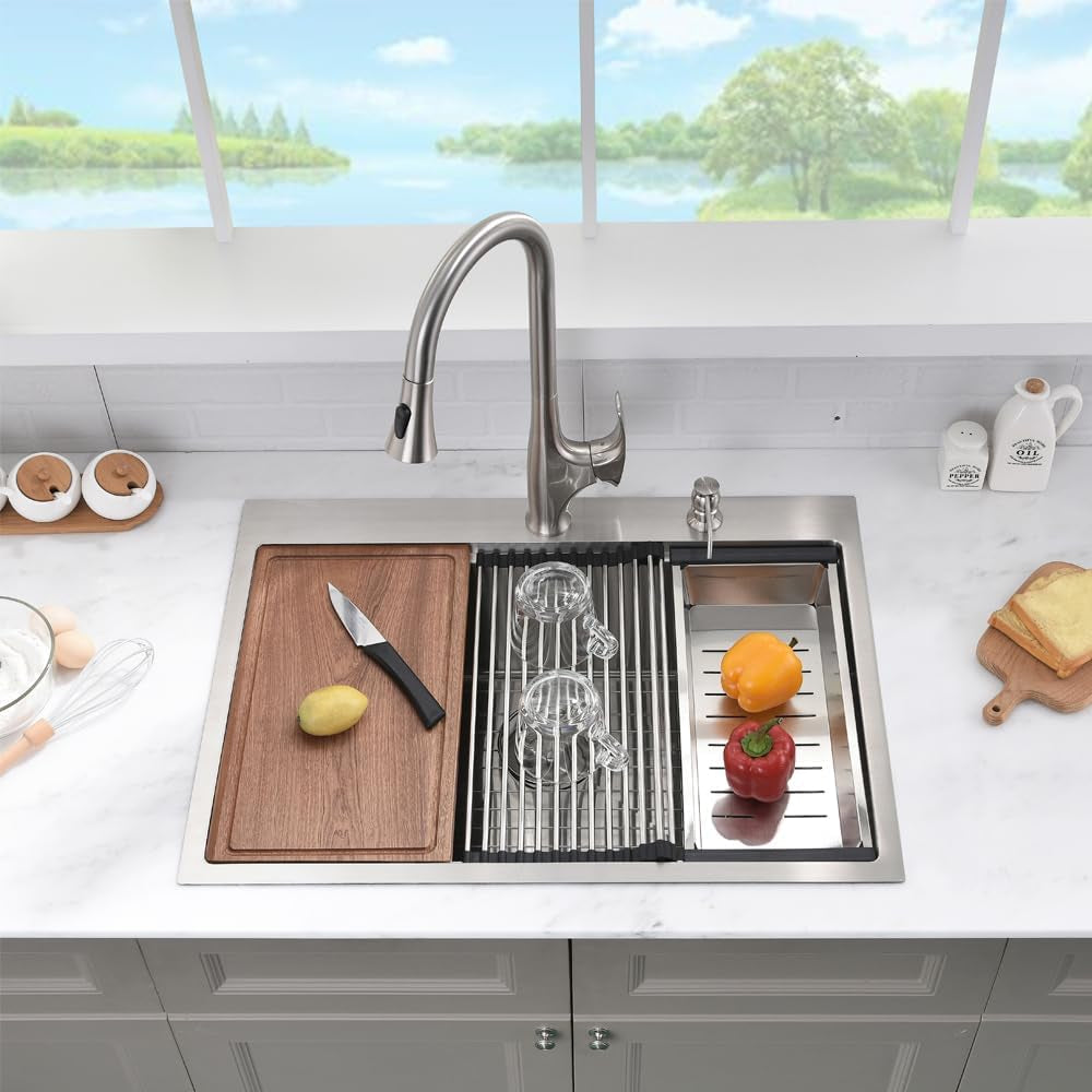 Fregadero de cocina de 83 cm de profundidad, de un solo seno y 33 x 56 cm, de acero inoxidable calibre 16, con lavabo de esquina redonda y accesorios.