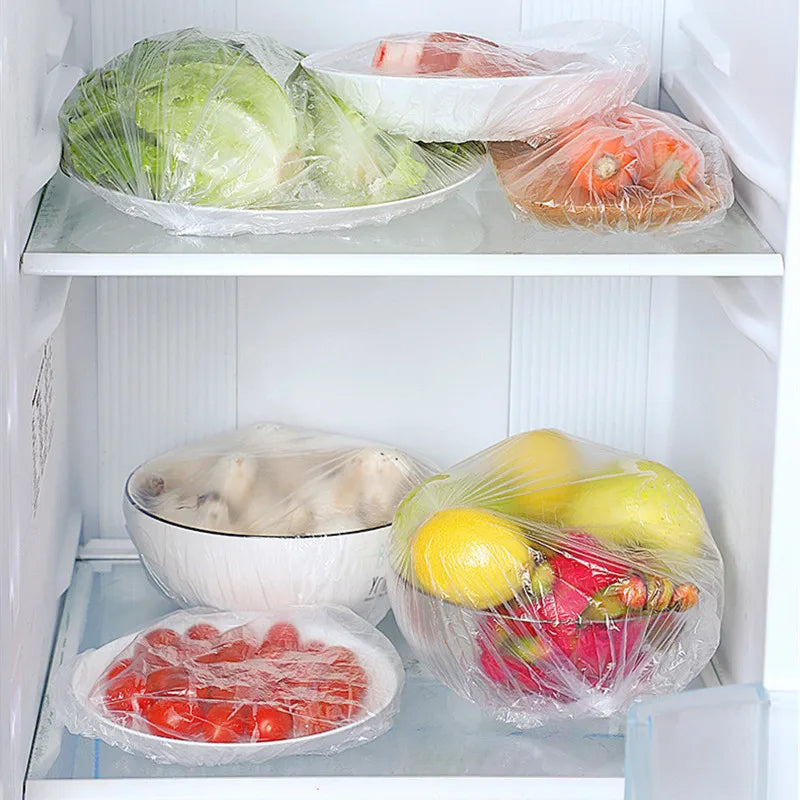 -Bolsa de plástico elástica para almacenar frutas y verduras, ideal para guardar recipientes y tazas en la cocina.