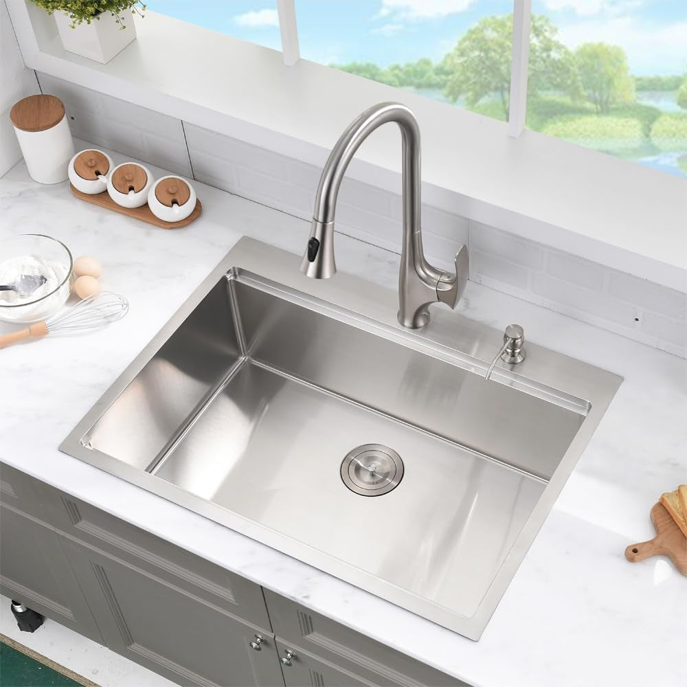 Fregadero de cocina de 83 cm de profundidad, de un solo seno y 33 x 56 cm, de acero inoxidable calibre 16, con lavabo de esquina redonda y accesorios.