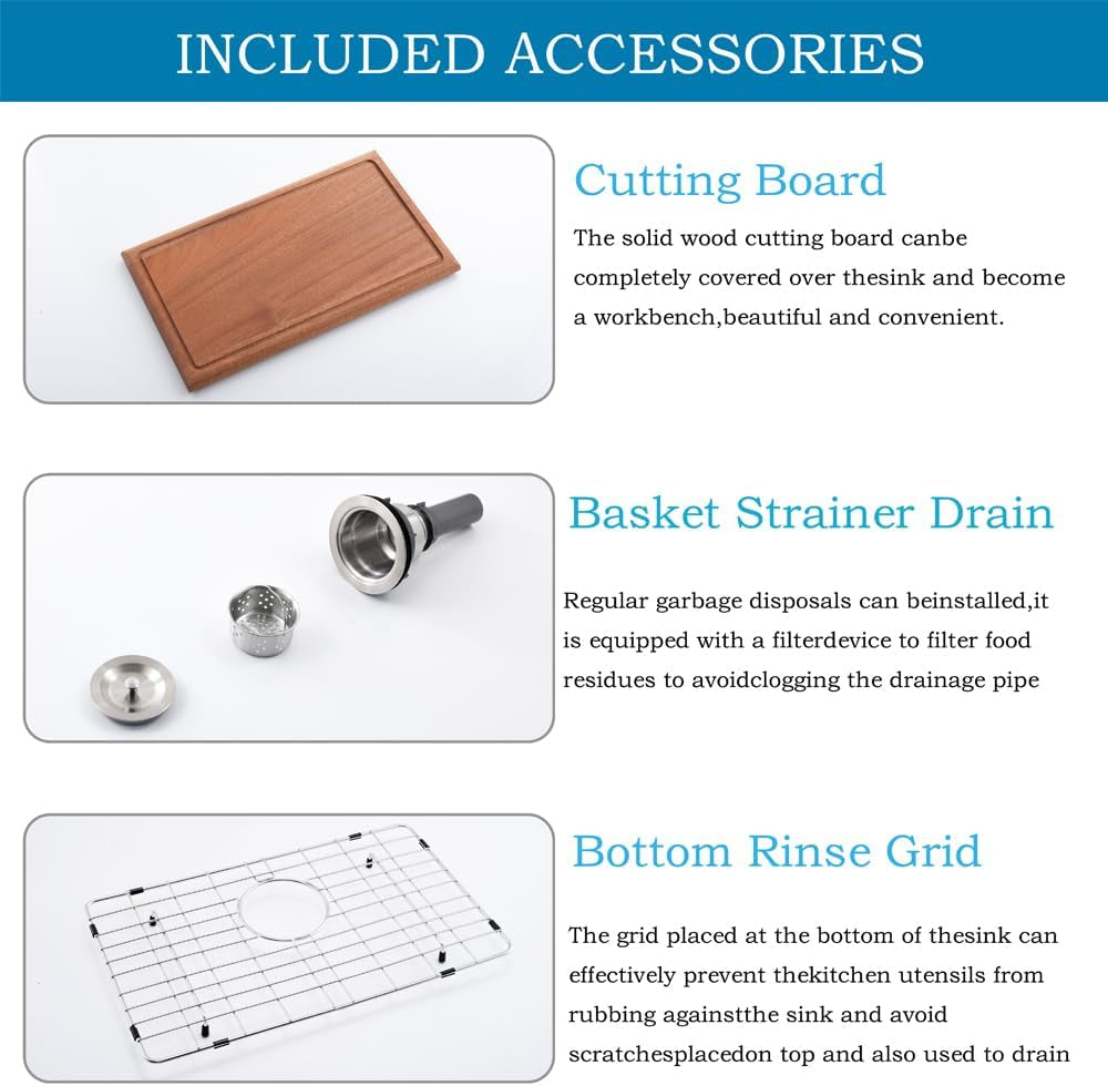 Fregadero de cocina de 83 cm de profundidad, de un solo seno y 33 x 56 cm, de acero inoxidable calibre 16, con lavabo de esquina redonda y accesorios.