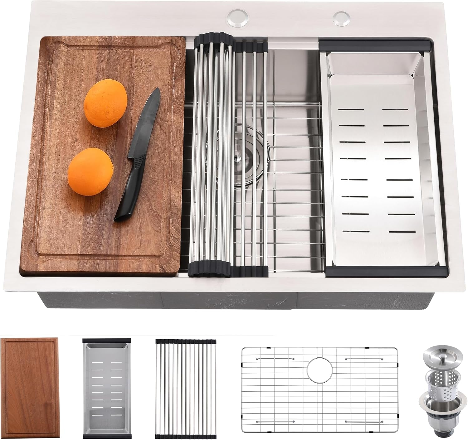 Fregadero de cocina de 83 cm de profundidad, de un solo seno y 33 x 56 cm, de acero inoxidable calibre 16, con lavabo de esquina redonda y accesorios.