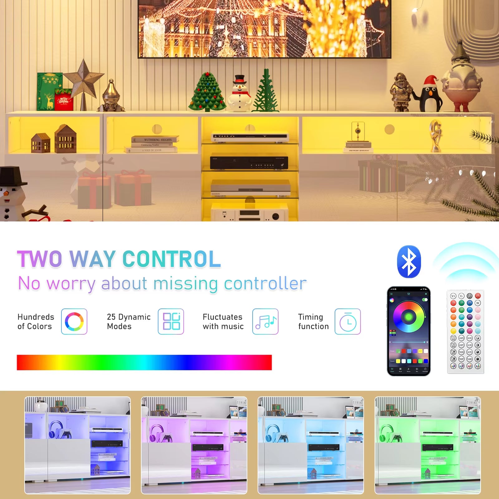 Soporte para TV LED de 79" para TV de 75/80/85", mueble de TV de alto brillo con estante de almacenamiento ajustable, moderno centro de entretenimiento, blanco/negro