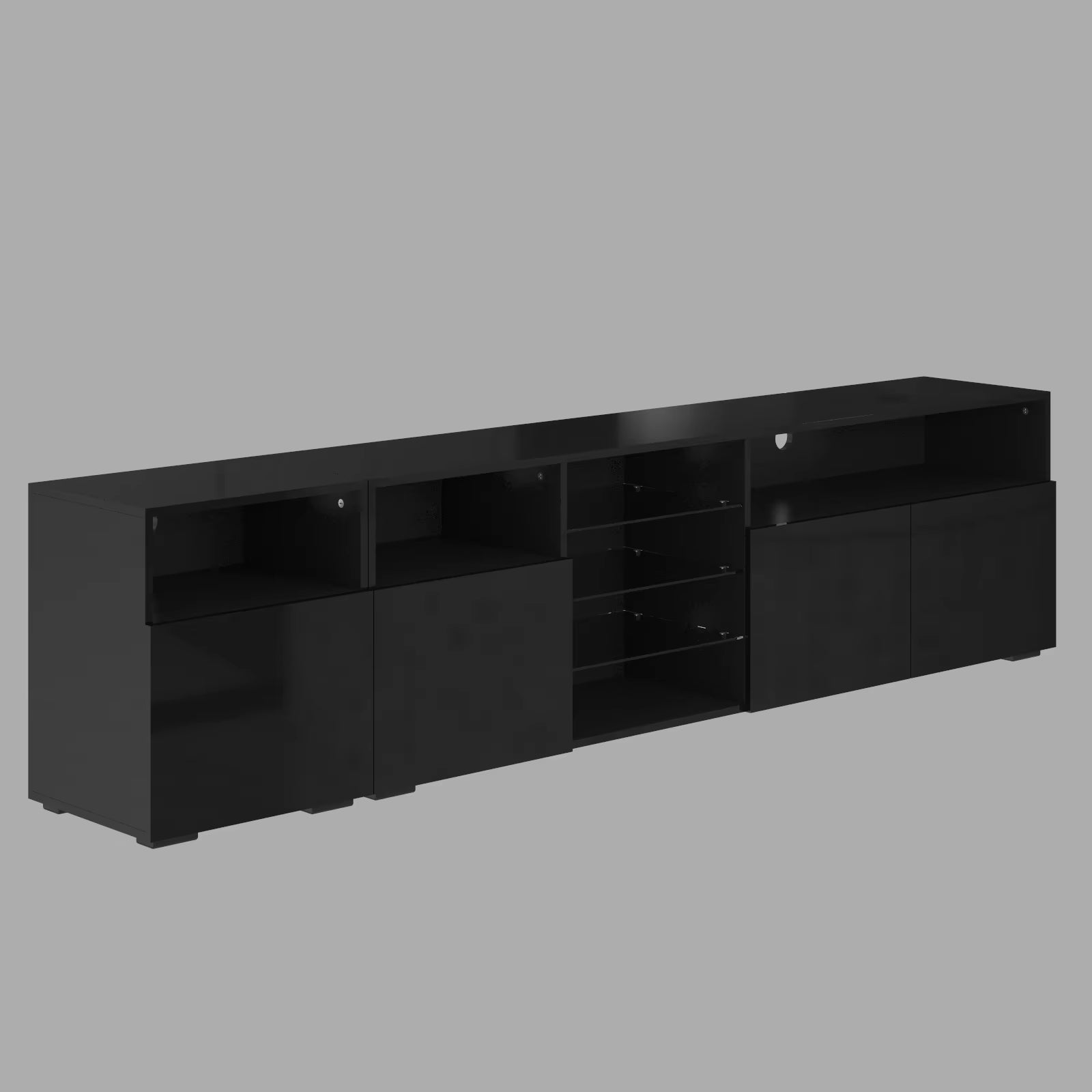 Soporte para TV LED de 79" para TV de 75/80/85", mueble de TV de alto brillo con estante de almacenamiento ajustable, moderno centro de entretenimiento, blanco/negro