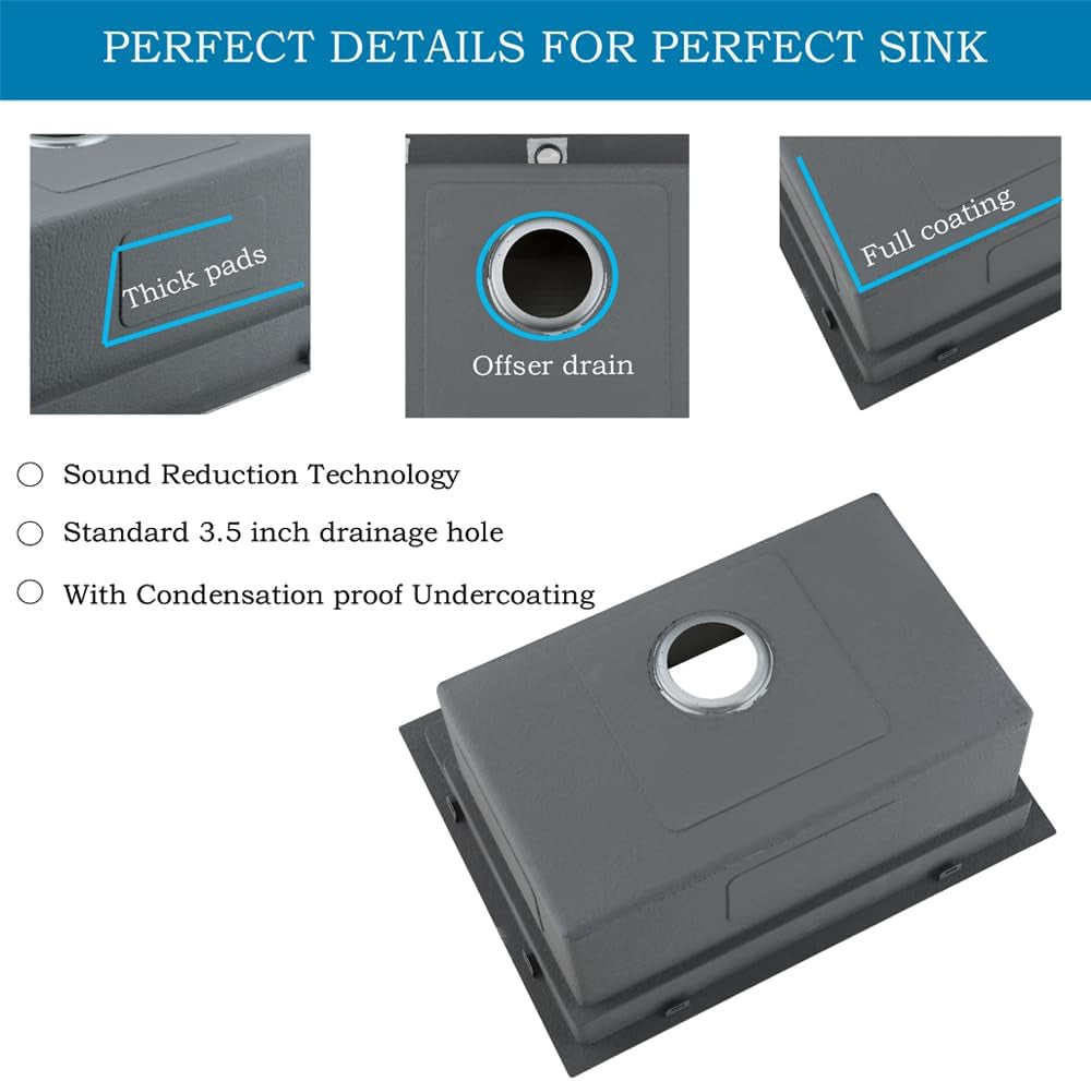 Fregadero de cocina de 83 cm de profundidad, de un solo seno y 33 x 56 cm, de acero inoxidable calibre 16, con lavabo de esquina redonda y accesorios.