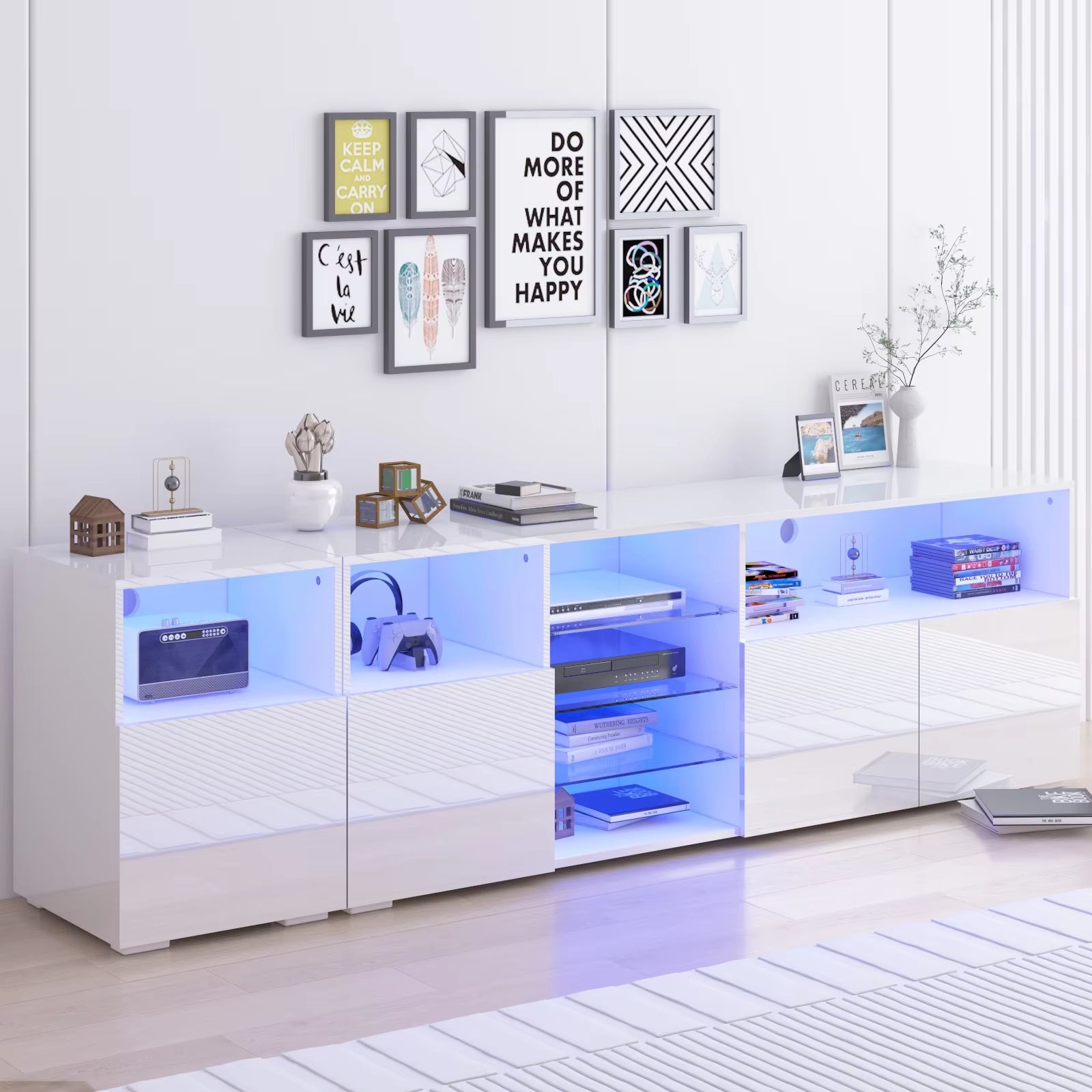 Soporte para TV LED de 79" para TV de 75/80/85", mueble de TV de alto brillo con estante de almacenamiento ajustable, moderno centro de entretenimiento, blanco/negro