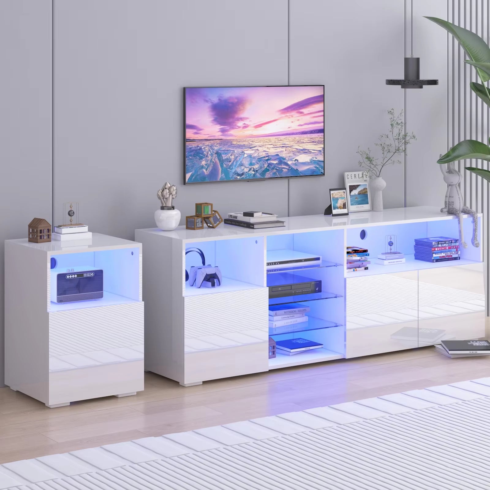 Soporte para TV LED de 79" para TV de 75/80/85", mueble de TV de alto brillo con estante de almacenamiento ajustable, moderno centro de entretenimiento, blanco/negro