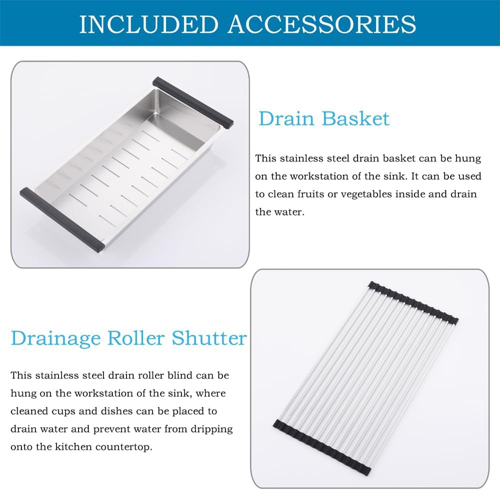 Fregadero de cocina de 83 cm de profundidad, de un solo seno y 33 x 56 cm, de acero inoxidable calibre 16, con lavabo de esquina redonda y accesorios.