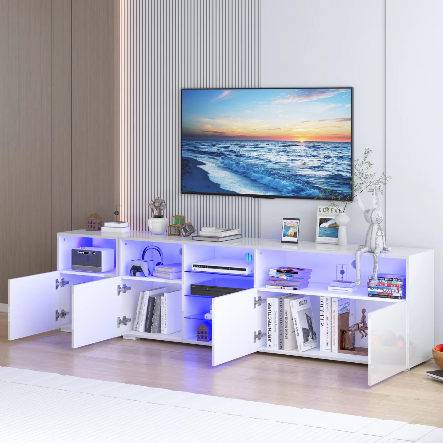 Soporte para TV LED de 79" para TV de 75/80/85", mueble de TV de alto brillo con estante de almacenamiento ajustable, moderno centro de entretenimiento, blanco/negro