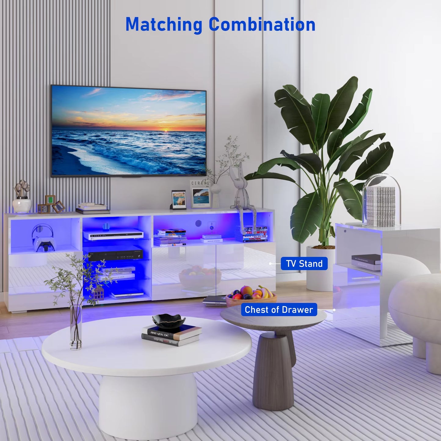 Soporte para TV LED de 79" para TV de 75/80/85", mueble de TV de alto brillo con estante de almacenamiento ajustable, moderno centro de entretenimiento, blanco/negro