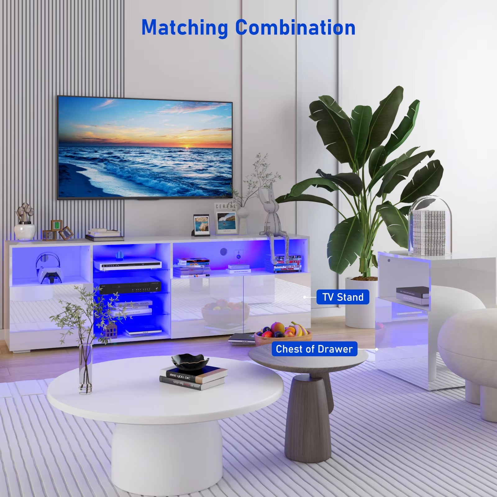 Soporte para TV LED de 79" para TV de 75/80/85", mueble de TV de alto brillo con estante de almacenamiento ajustable, moderno centro de entretenimiento, blanco/negro
