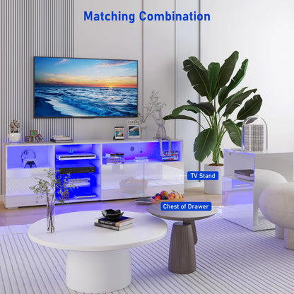 Soporte para TV LED de 79" para TV de 75/80/85", mueble de TV de alto brillo con estante de almacenamiento ajustable, moderno centro de entretenimiento, blanco/negro