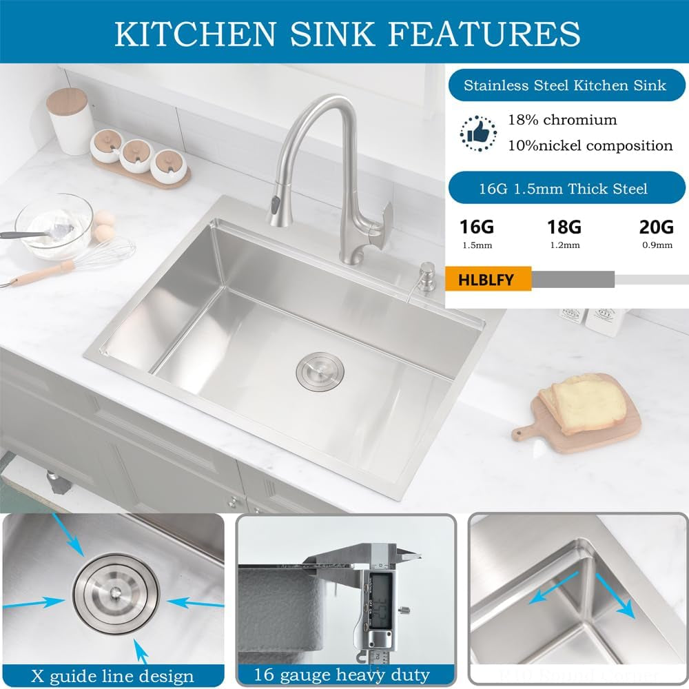 Fregadero de cocina de 83 cm de profundidad, de un solo seno y 33 x 56 cm, de acero inoxidable calibre 16, con lavabo de esquina redonda y accesorios.